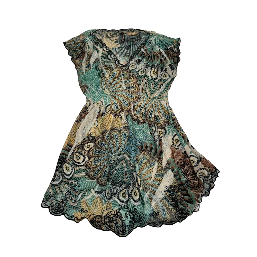 Mushka by Sienna Rose Boho Peacock Print Tunic Top Medium Sheer Mesh Overlay